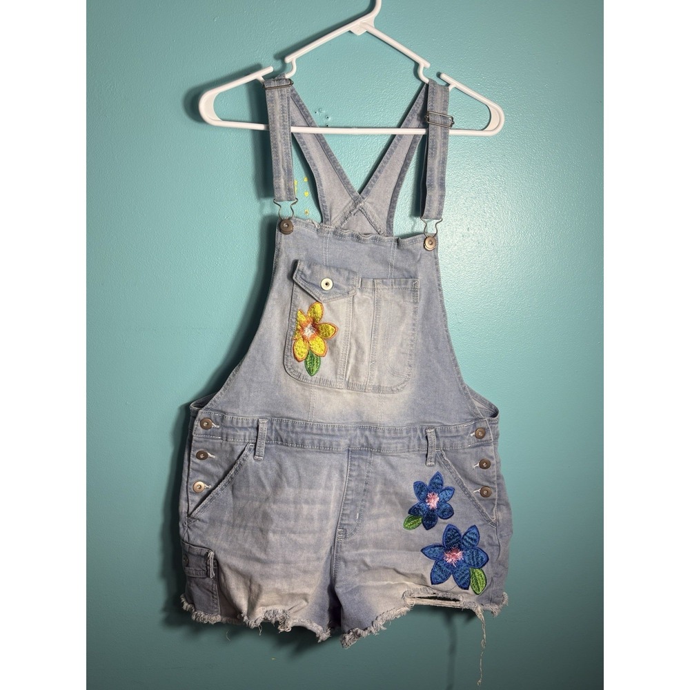 Denim Shortalls XL Floral Sunflower EmbroideryOveralls Distressed Boho Festival